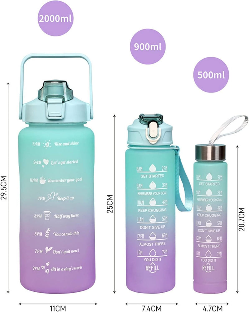 Water Bottles Set of 3, 2000ml+900ml+500ml BPA Free Motivational Sports Water Bottle with Time Capacity Marker Water Bottle for School