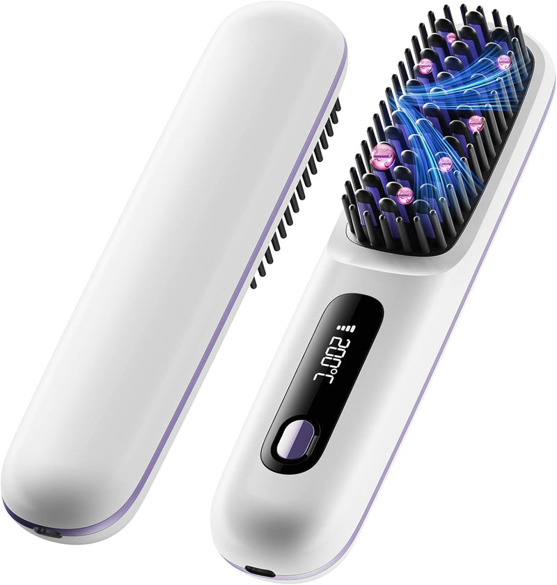 Cordless Hair Straightener Brush, Portable Anion Hair Straightener Brush for Women Lightweight Ceramic Coating Negative Ion Anti-Scald Hair Straightener for Women Travel Styling Hairstyler Salon