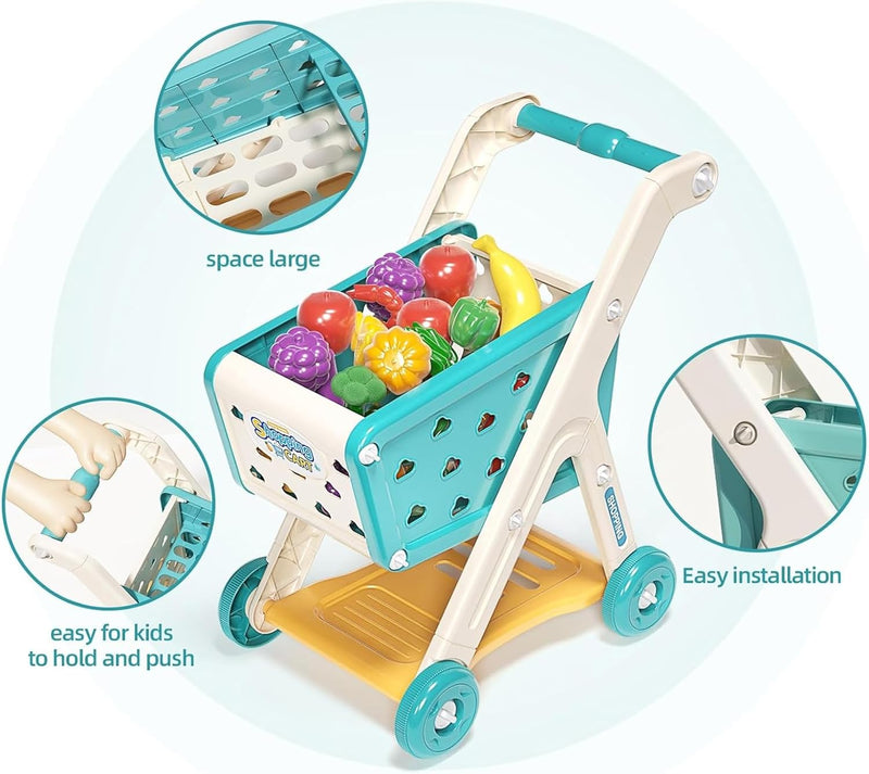 Kids Shopping Cart Trolley Play Set with Pretend Food and Accessories,Toy Shopping Cart Trolley for Kids Baby with Play Foods, Grocery Shopping Cart Playing Pretend Games&nbsp;