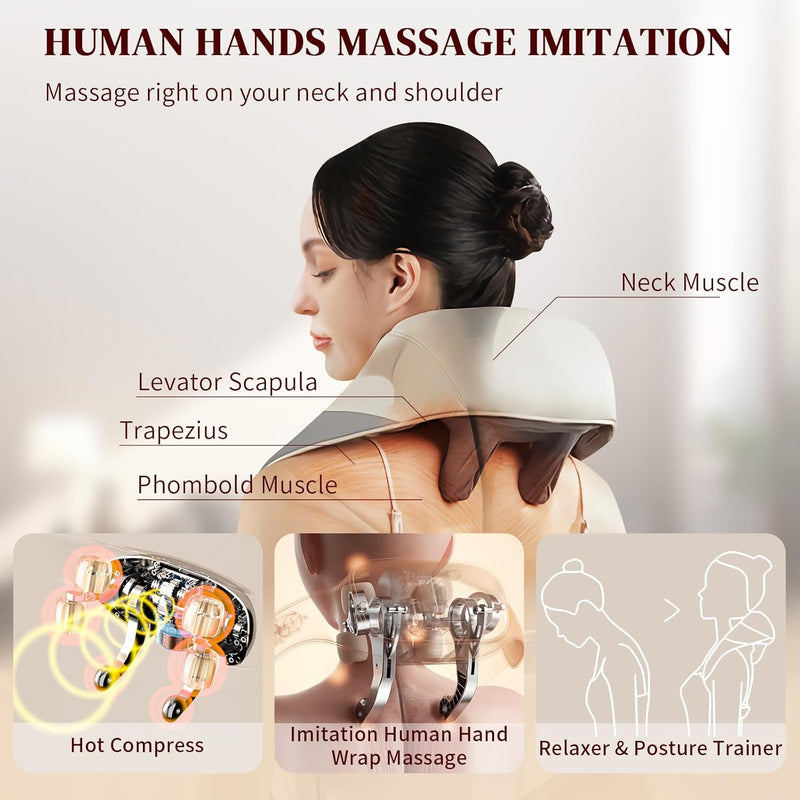 Neck Massager, Back Massager with Heat for Pain Relief Deep Tissue, Rechargeable Shiatsu Neck and Shoulder Massager, Cordless 5D Deep Kneading Massagers, Best Gifts for Men Women