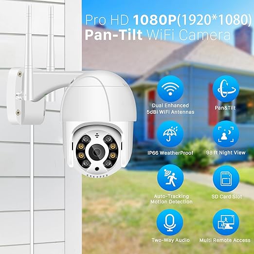 Anksono 1080P Security Camera Outdoor, PTZ Camera with Color Night Vision, Pan & Tilt 360° View, 2.4G WiFi Home Camera, CCTV Camera, Motion Detection, Real-time Notification, 2-Way Audio, IP66