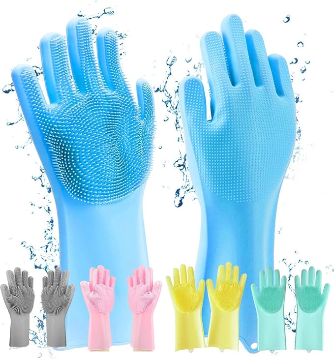 Gloves Magic Silicone Dish Washing Gloves, Silicon Cleaning Gloves, Silicon Hand Gloves for Kitchen Dishwashing and Pet Grooming, Great for Washing Dish, Car, Bathroom (Multicolour, 1 Pair)