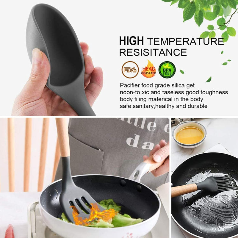 Kitchen Set, 12 Pieces, Silicone Spatulas and Spoons, Heat Resistant, Wooden Handles (Black)