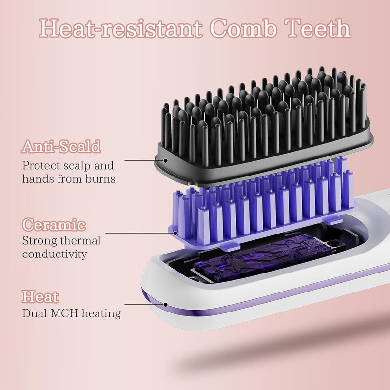 Cordless Hair Straightener Brush, Portable Anion Hair Straightener Brush for Women Lightweight Ceramic Coating Negative Ion Anti-Scald Hair Straightener for Women Travel Styling Hairstyler Salon