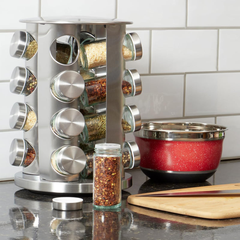 Home Basics Revolving 16 Jar Spice Rack | Carousel Rack With Brushed Silver Finish | Contemporary Rotating Organizer For Kitchen Store