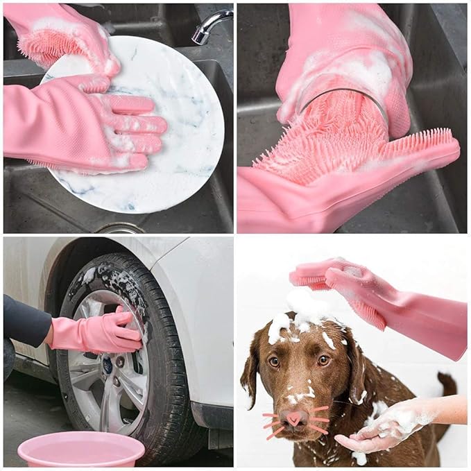 Gloves Magic Silicone Dish Washing Gloves, Silicon Cleaning Gloves, Silicon Hand Gloves for Kitchen Dishwashing and Pet Grooming, Great for Washing Dish, Car, Bathroom (Multicolour, 1 Pair)