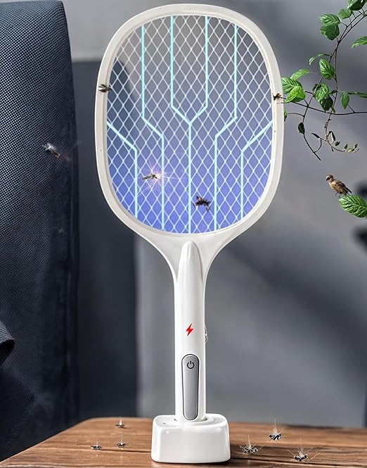 2-in-1 High-Power Electric Fly Swatter 3000V - USB Rechargeable with 3-Layer Mesh Grid. Safe and Effective Bug Zapper for Indoor and Outdoor Use for mosquitoes, fruit flies, moths, Gnats, Beetles