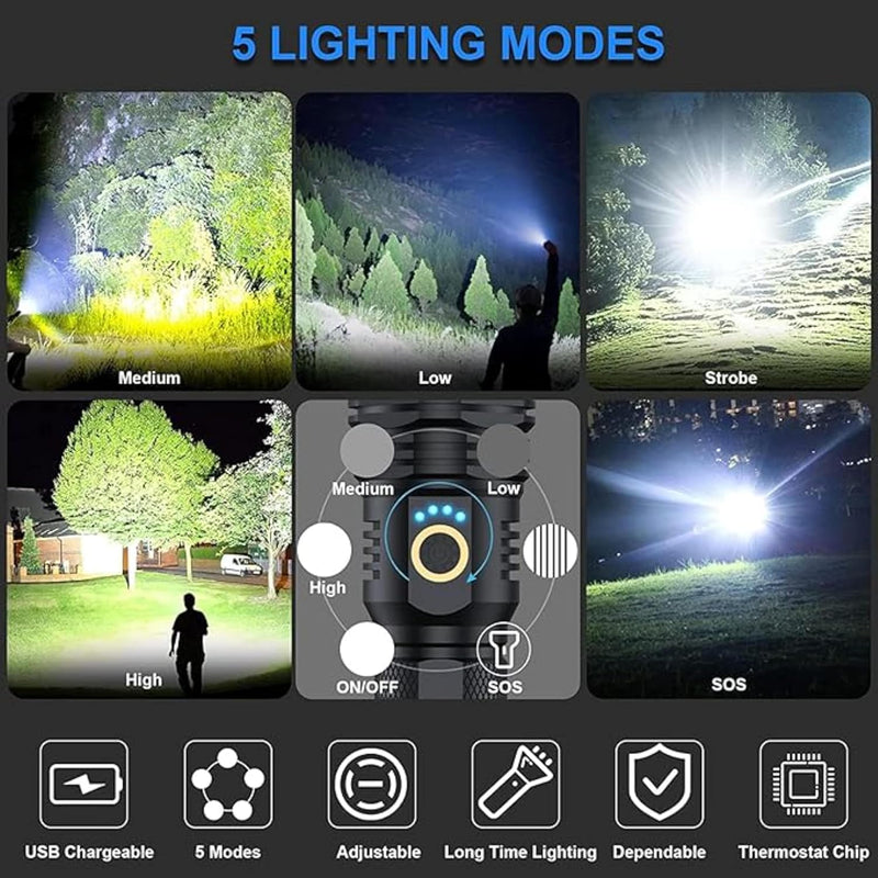 P 90 Super Light Rechargeable Flashlight 90000 High Lumens, High Power Led Flashlight, XHP70.2 Powerful with Zoomable, 5 Modes, IPX7 Waterproof, Flashlight for Camping, Hiking, Emergencies